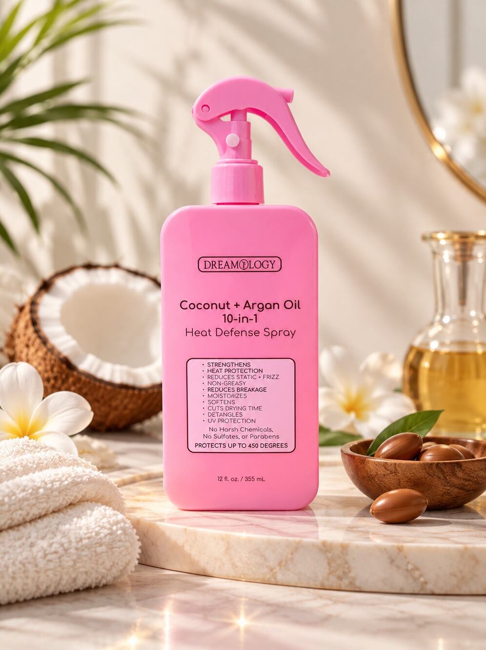 Dreamology Coconut and Argan Oil 10-in-1 Heat Defense Spray 12 fl oz NEW